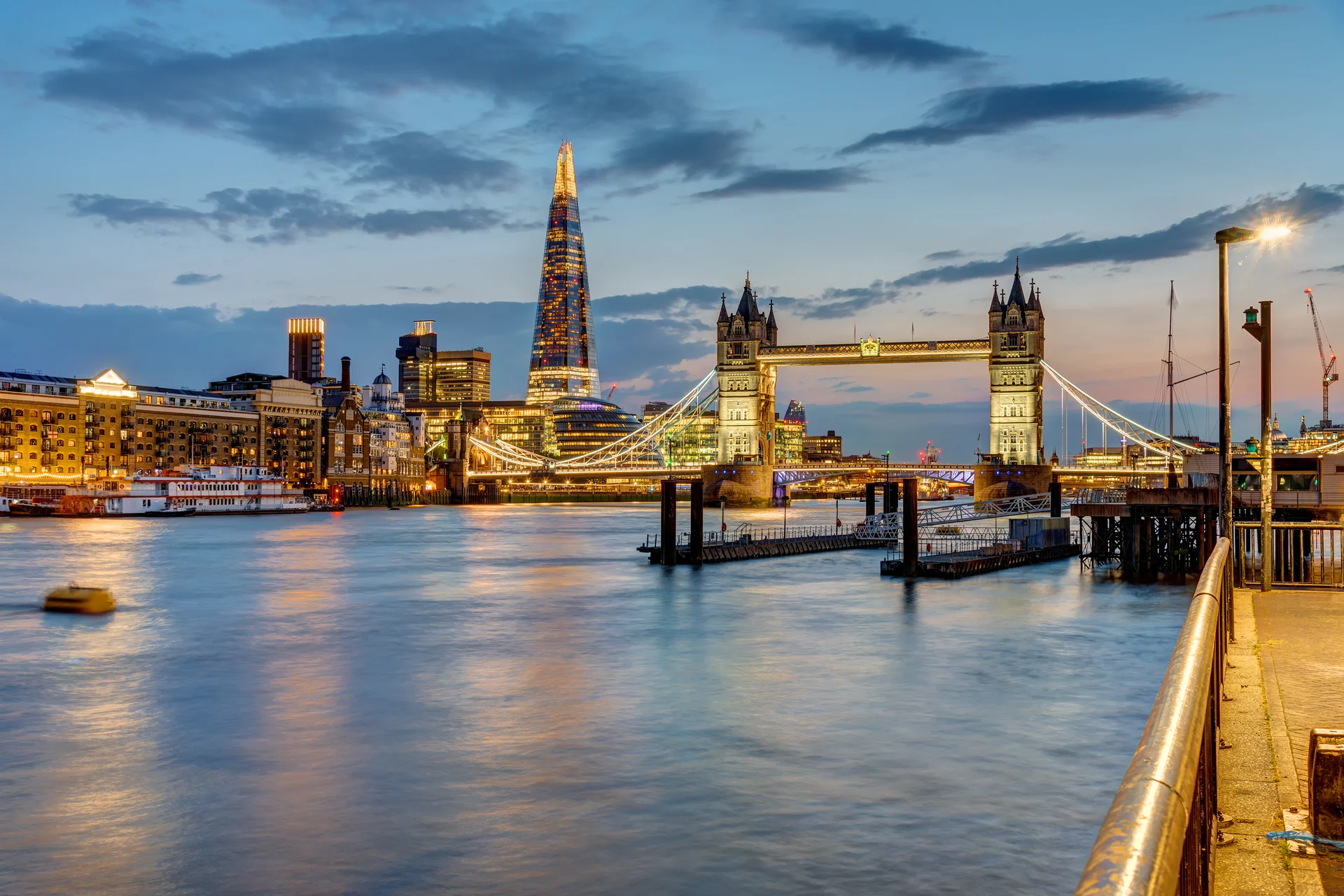 Tower Bridge and the River Thames in London after sunset